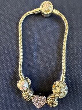 Silver Charm Bracelet with Pink Heart and Floral Beads